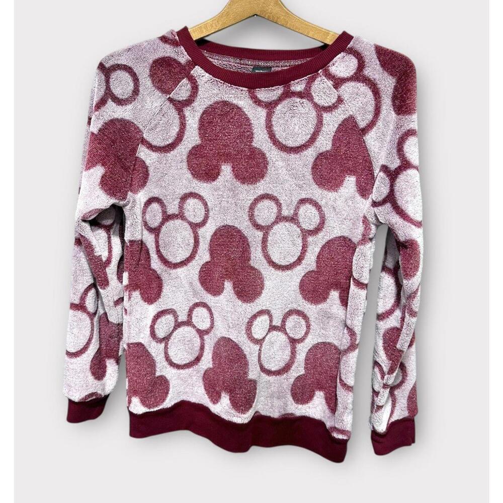 Disney Womens Sweater Micky Mouse Maroon Long Sleeve Fuzzy Soft Warm Size Small